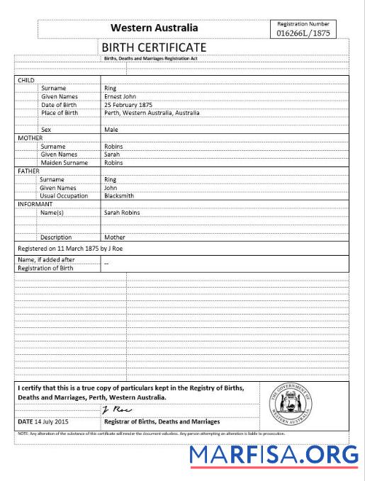 Realistic Australia Western Australia birth certificate template in Word format, version 2